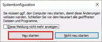 Screenshot Systemkonfiguration – Neu starten