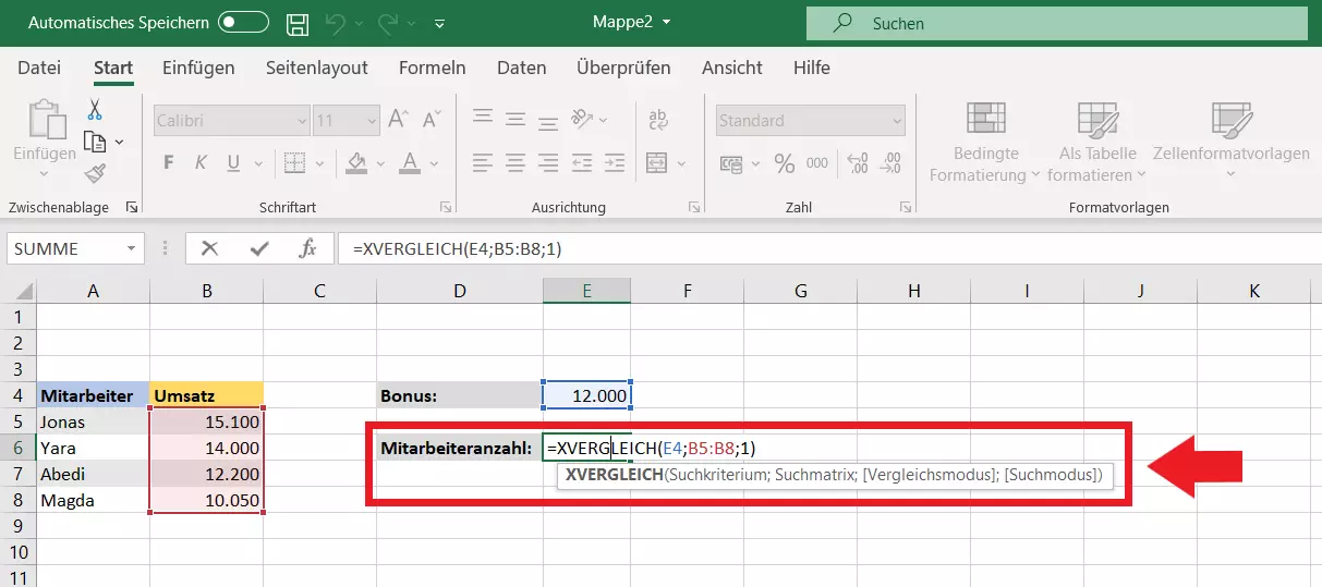 XVERGLEICH-Anwendungsbeispiel 2: Festlegen der Suchmatrix