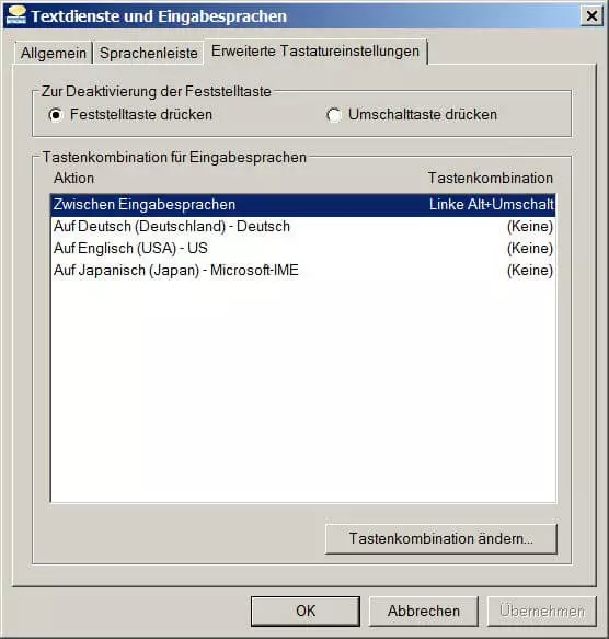 Erweiterte Tastatureinstellungen bei „Textdienste und Eingabesprachen“