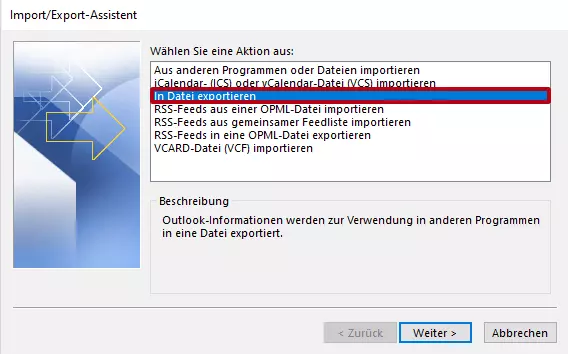 Outlook Import/Export-Assistent: „In Datei exportieren“ 