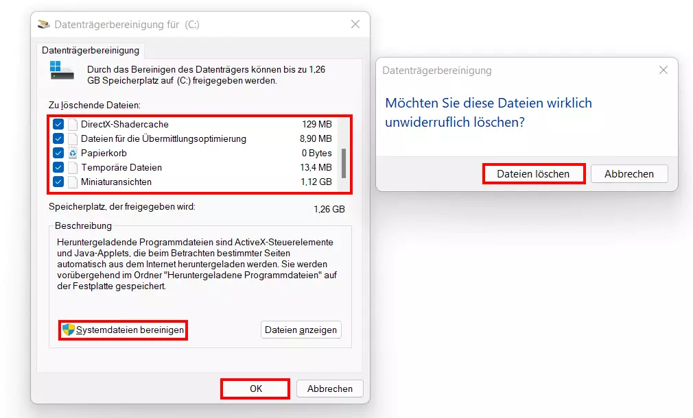 Windows 11 Datenträgerbereinigung mit Auswahl zu löschender Dateien