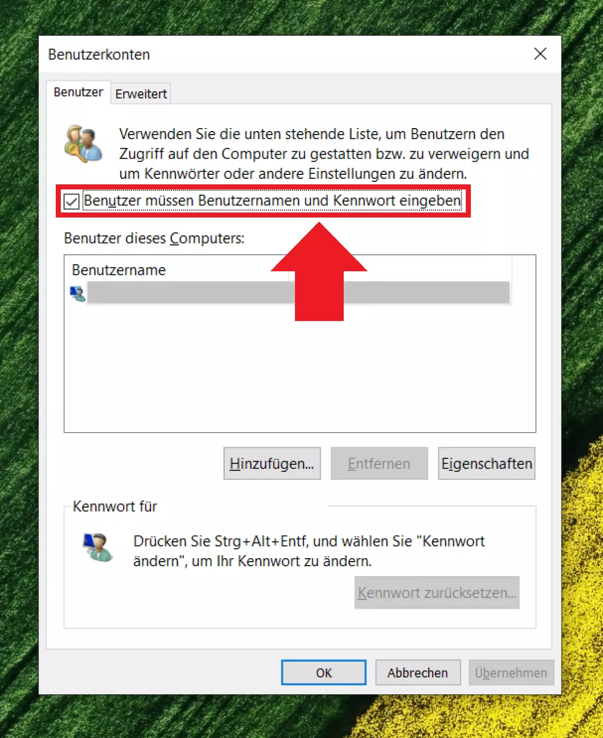 Das Menüfenster zu den Benutzerkonten in Windows