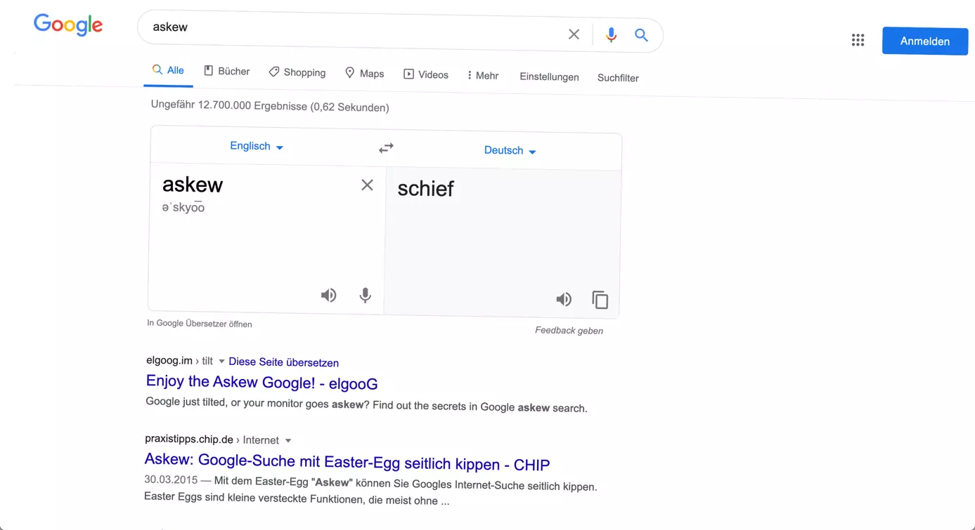 Schiefe Ansicht der Google-Ergebnisseite