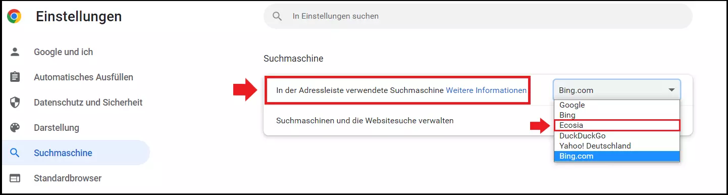 Die Suchmaschine Ecosia im Chrome-Menü „Suchmaschine“