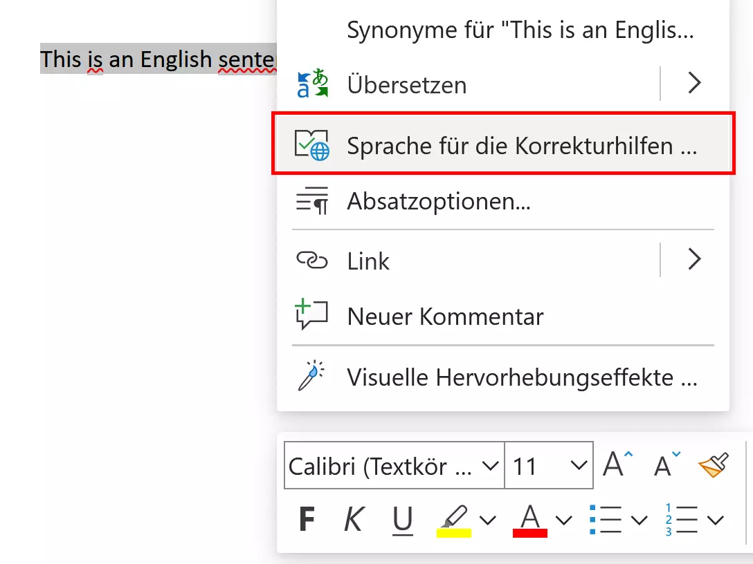 Auswahlfunktion „Sprache für die Korrekturhilfen festlegen…“ in Word Online