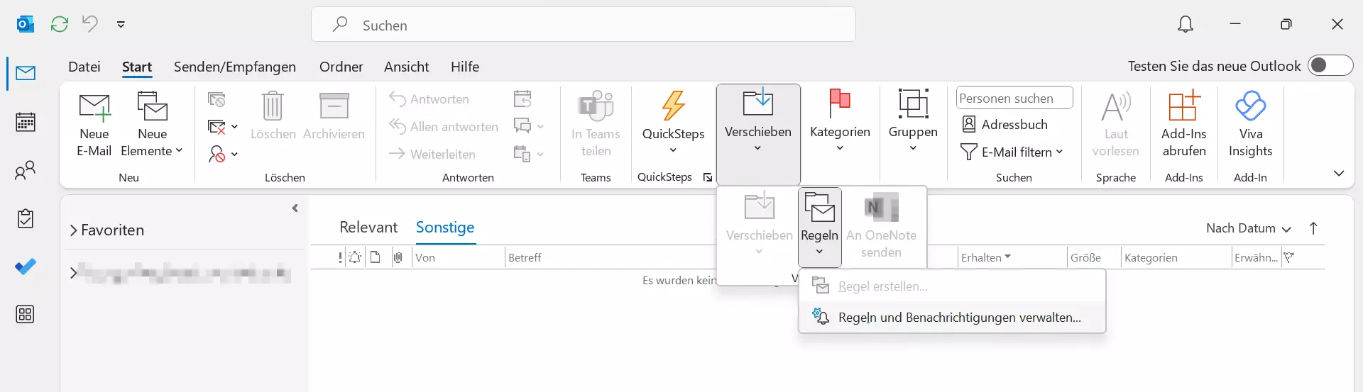 Menüleiste von Outlook 365: Das Dropdown-Menü „Regeln“