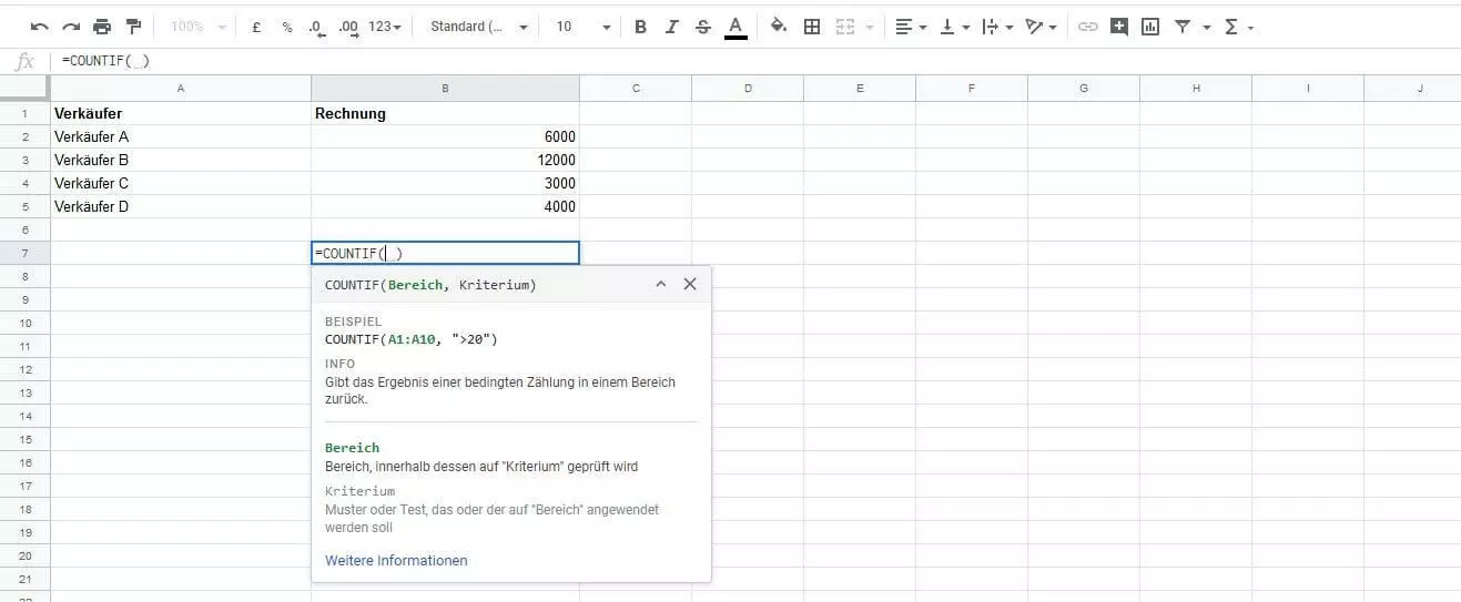 Beispiel-Google-Sheet mit COUNTIF-Feld