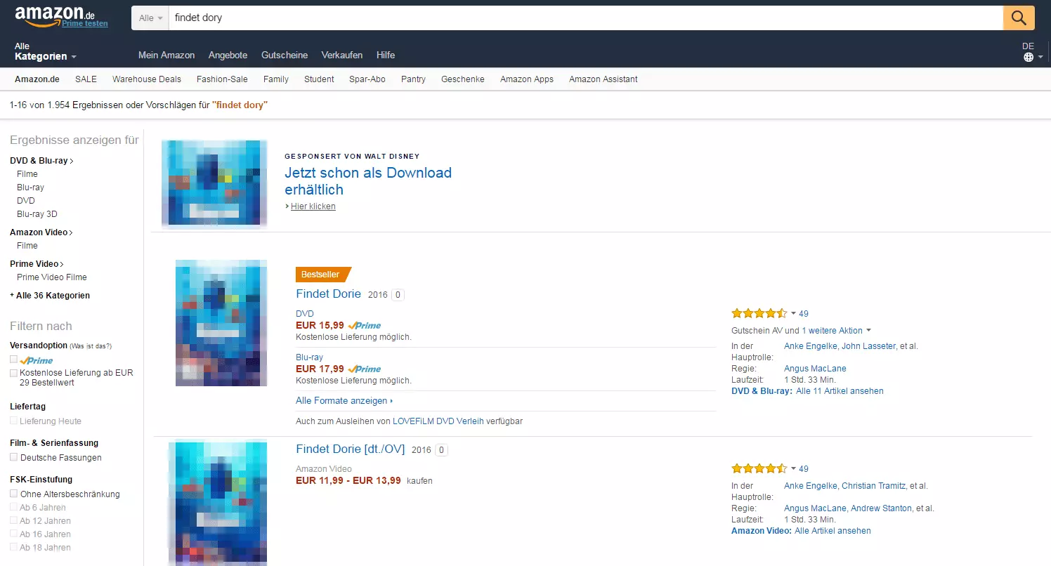 Screenshot von Amazon mit einer beispielhaften Suchanfrage