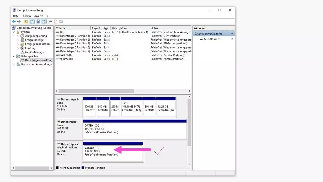 Windows-Datenträgerverwaltung mit drei erkannten Datenträgern