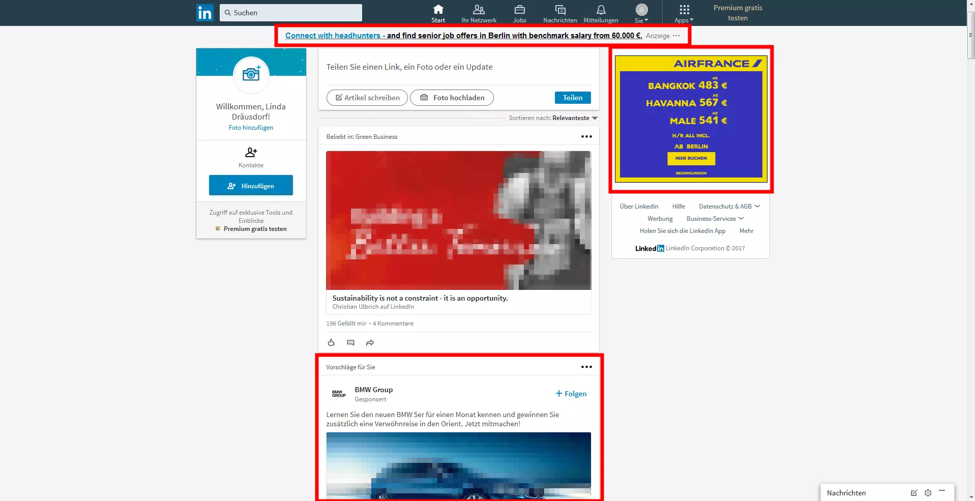 News-Feed bei LinkedIn mit verschiedenen Werbeeinblendungen