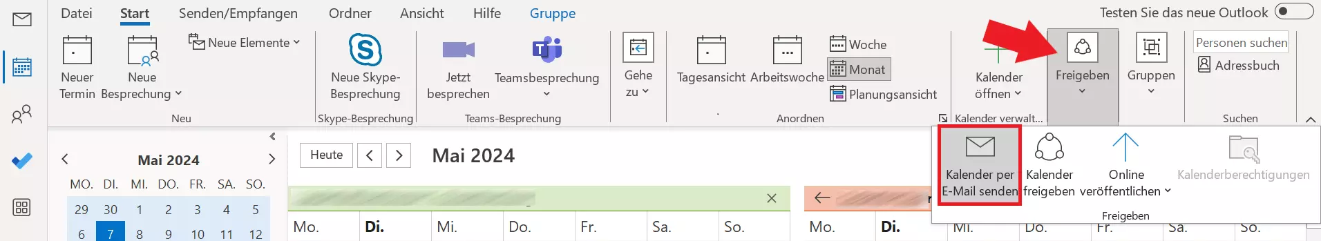 Microsoft Outlook: Symbolleiste der Kalenderansicht im Register „Start“