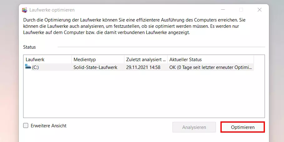 Windows-11-Menü „Laufwerke optimieren“ mit Optionen