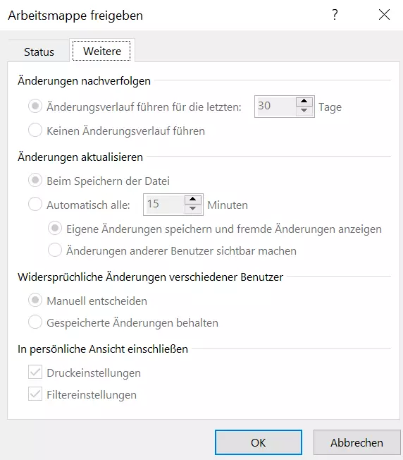 Excel-Dialog „Arbeitsmappe freigeben“