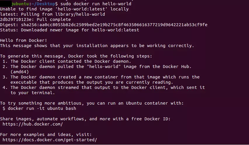 Terminalausgabe nach Ausführen von „sudo docker run hello-world“