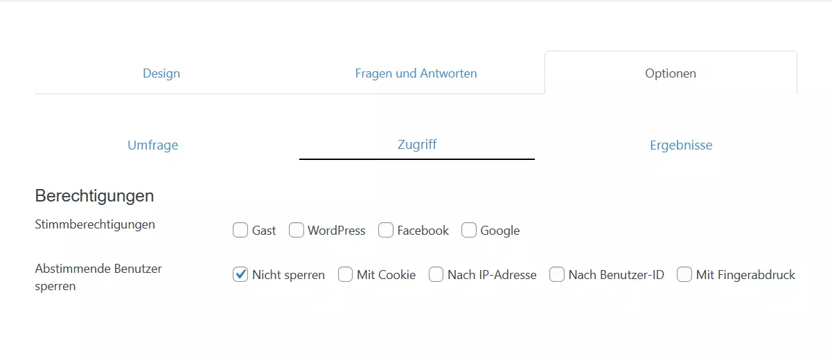 Zugriffsoptionen von YOP Poll