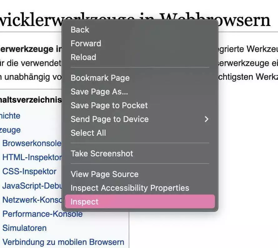 Kontext-Menü mit Eintrag „Inspect element“ in Firefox