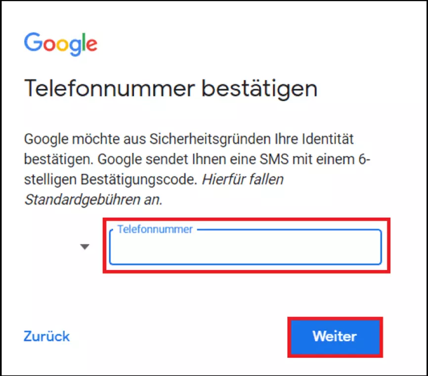 Die Google-Registrierungsseite zur Eingabe weiterer erforderlicher Nutzerdaten