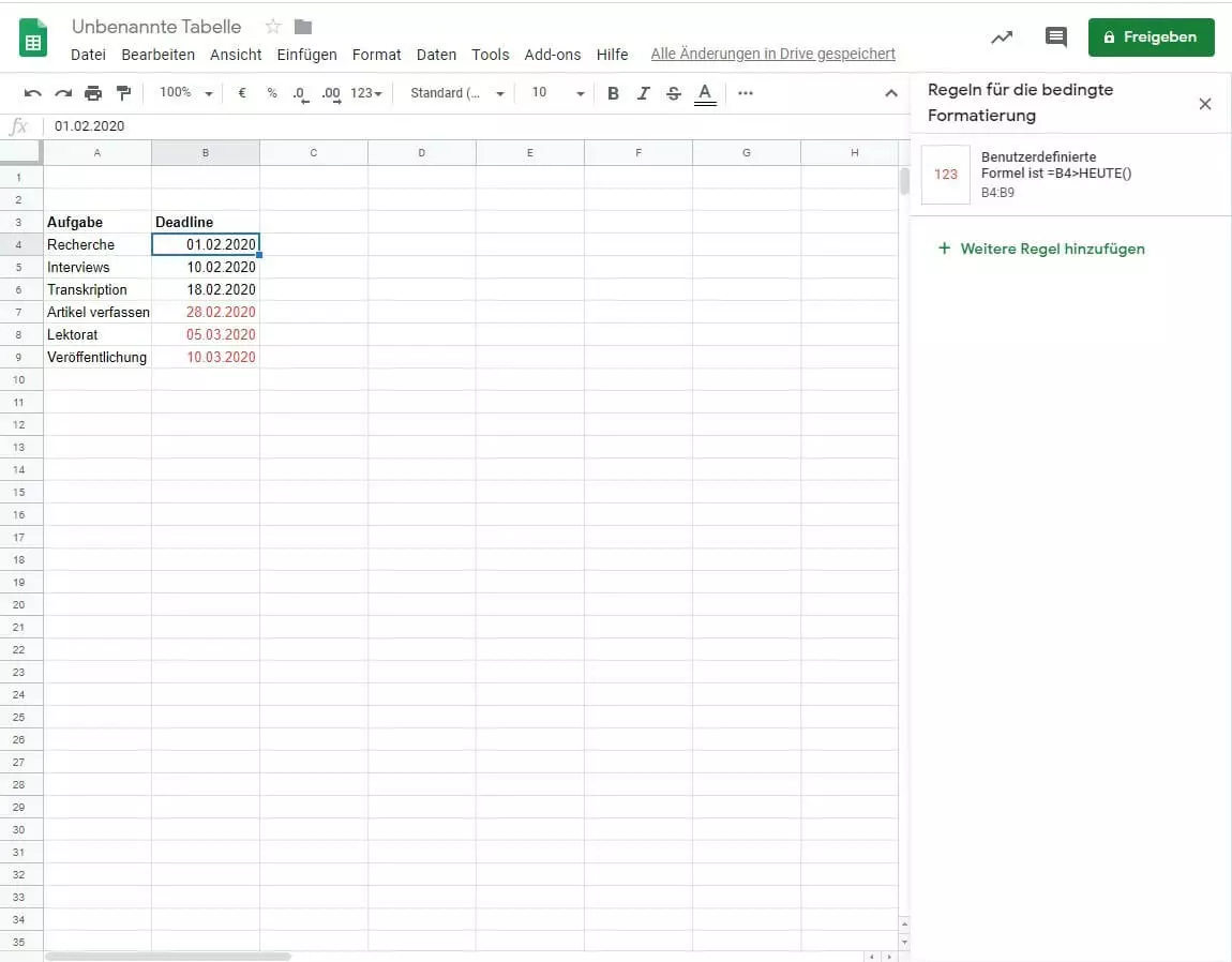 Google Sheets: Aktive Formatierungsregel für die ausgewählte Zelle