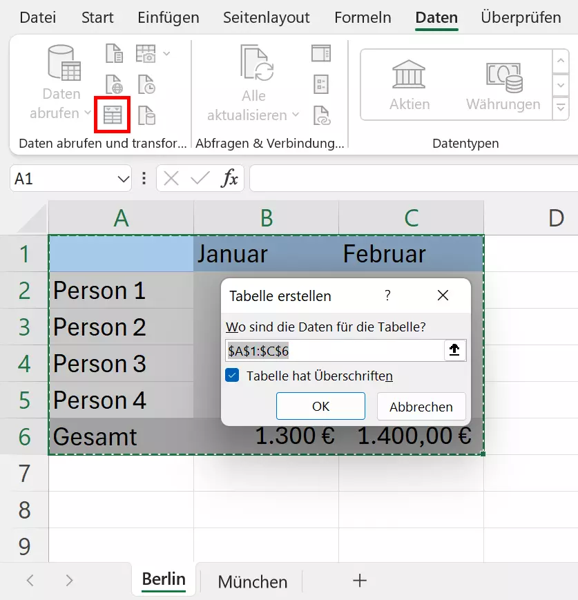 Mittels „Daten“ und „Aus Tabelle“ den Power-Query-Editor öffnen