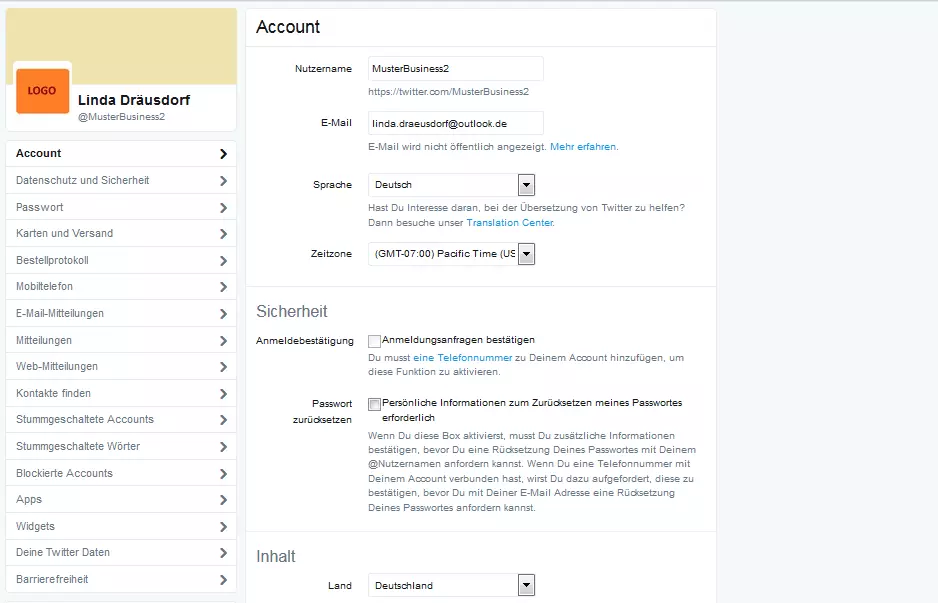 Screenshot der Twitter-Maske für persönliche Einstellungen und Datenschutz