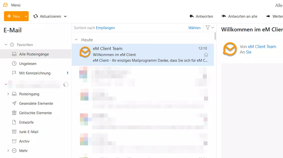 Screenshot der Benutzeroberfläche von eM Client