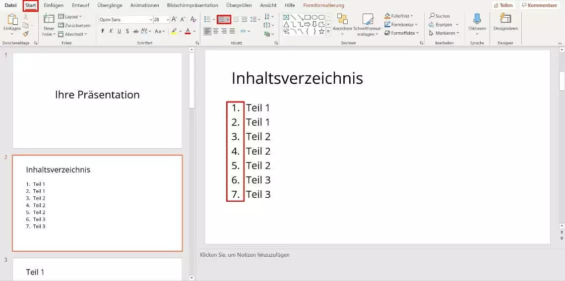 PowerPoint: Inhaltsverzeichnis nummerieren