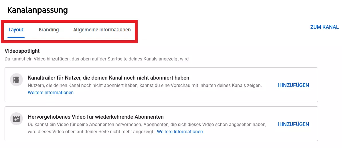 YouTube-Menü „Kanalanpassung“