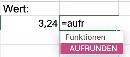 Excel: Eingabe der Funktion AUFRUNDEN