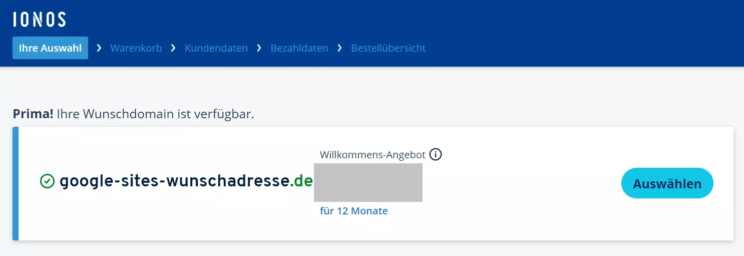Erfolgreicher Domain-Check im IONOS Shop