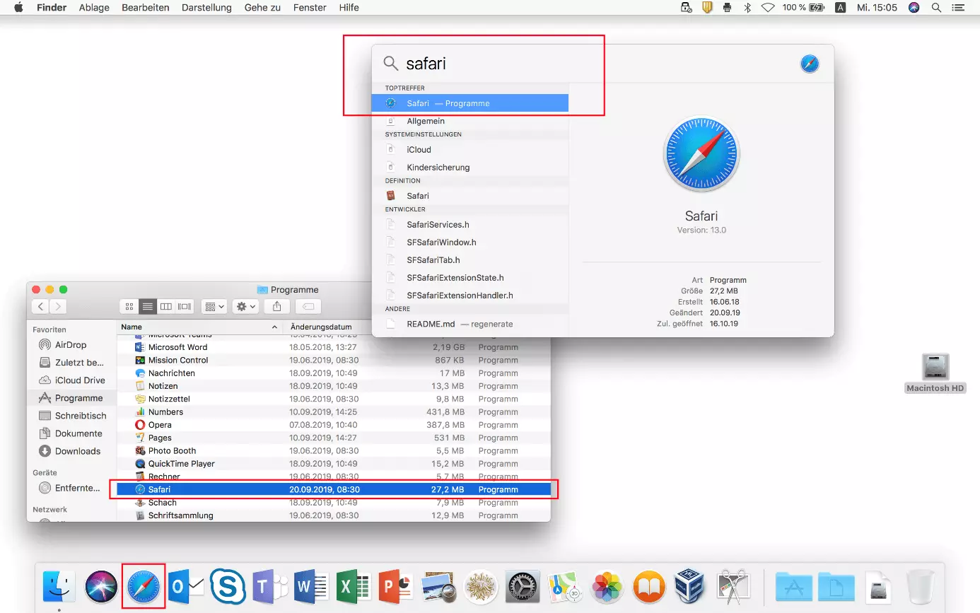 macOS: Safari-Icon in Menüband, Spotlight-Suche und Finder