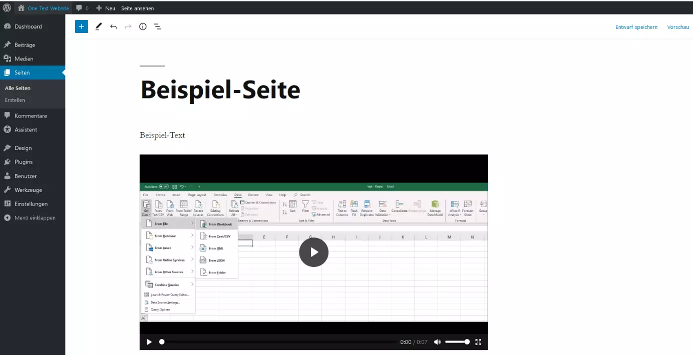 WordPress: Beispiel-Seite mit eingebundenem Video