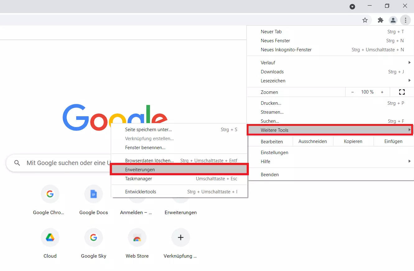 Menüpunkt „Erweiterungen“ im Chrome-Schnellmenü 