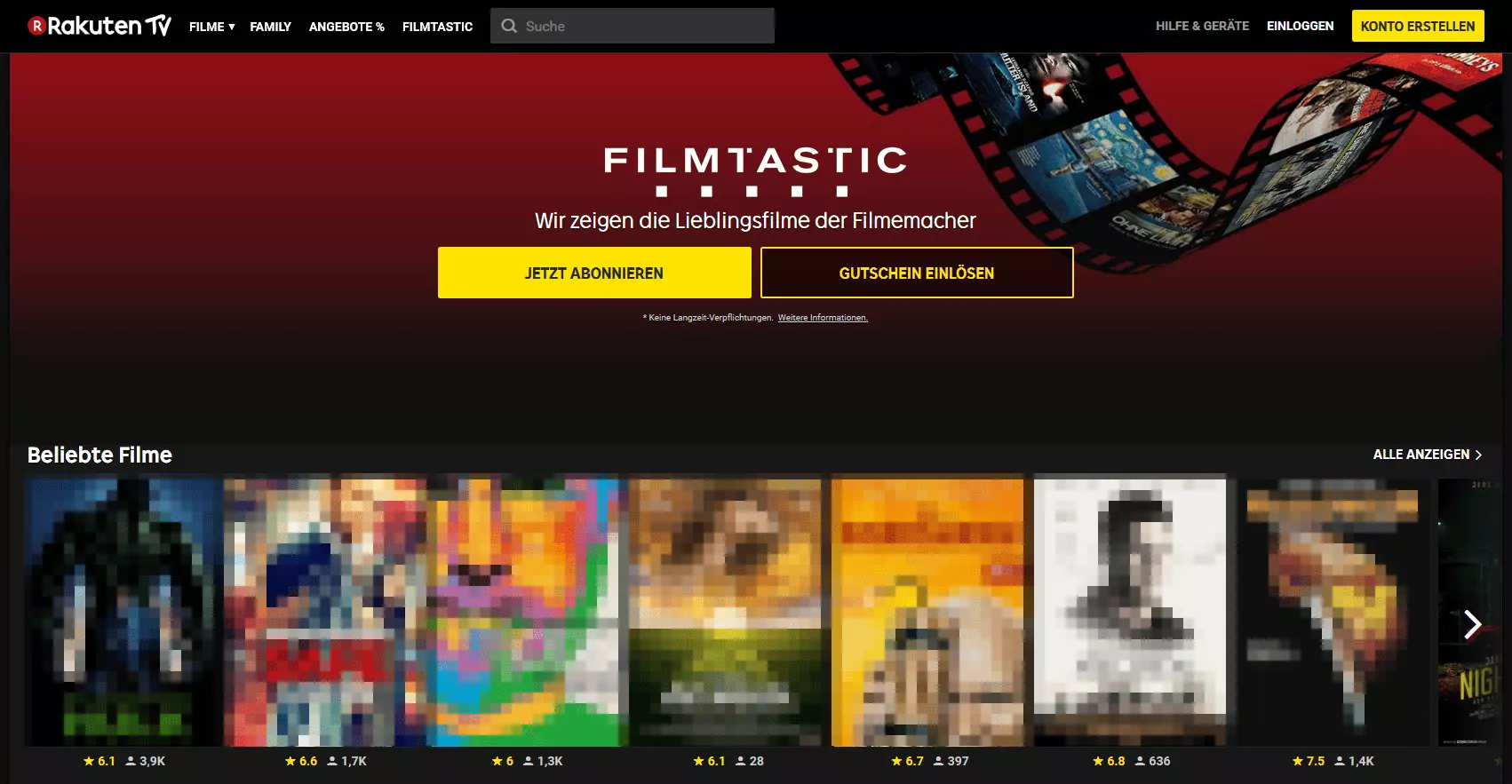 Startseite des Filmtastic-Angebots von Rakuten TV