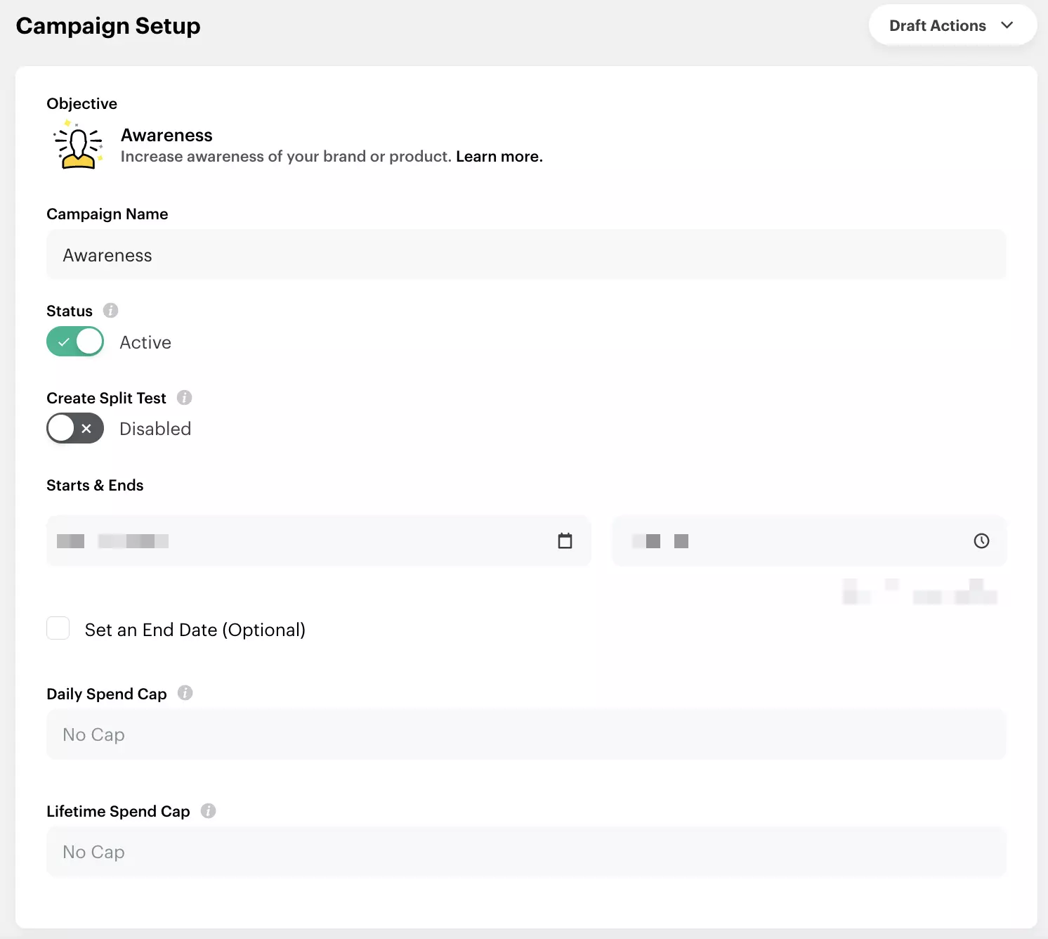 Screenshot der Seite „Campaign Setup“ im Ads Manager