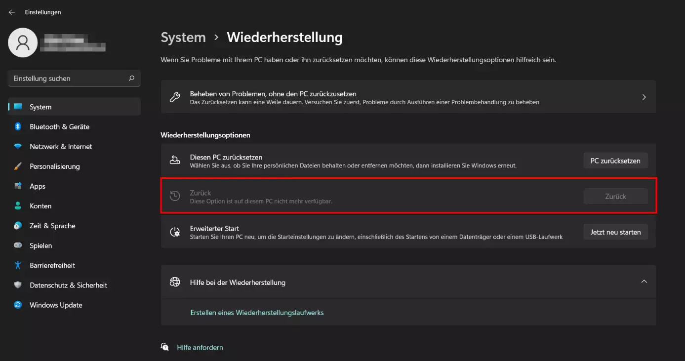 Windows-11: Ausgegraute Downgrade-Funktion