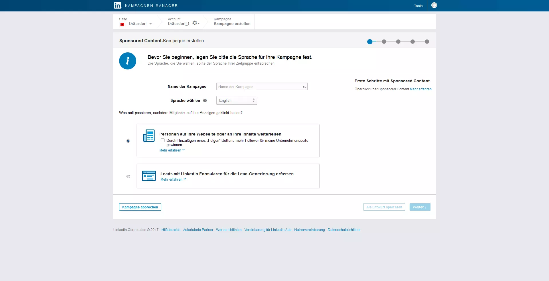 Menü zum Erstellen einer Sponsored-Content-Kampagne bei LinkedIn