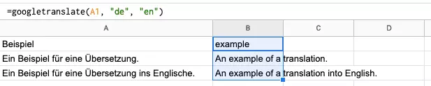 Abbildung, die zeigt, wie die Google-Translate-Formel um mehrere Zellen erweitert wird