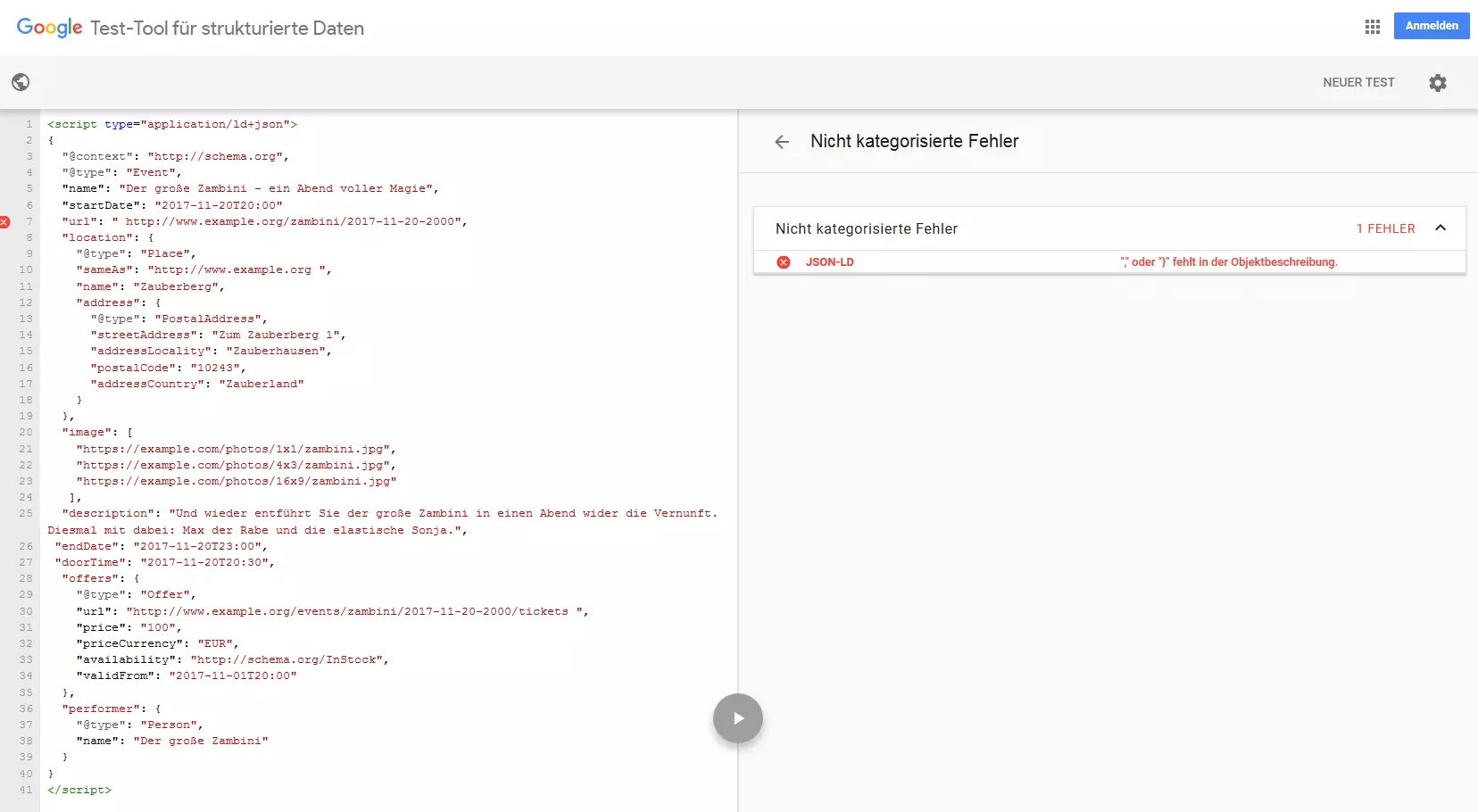 Google Structured Data Testing Tool nach Validierung: Syntaxfehler gefunden