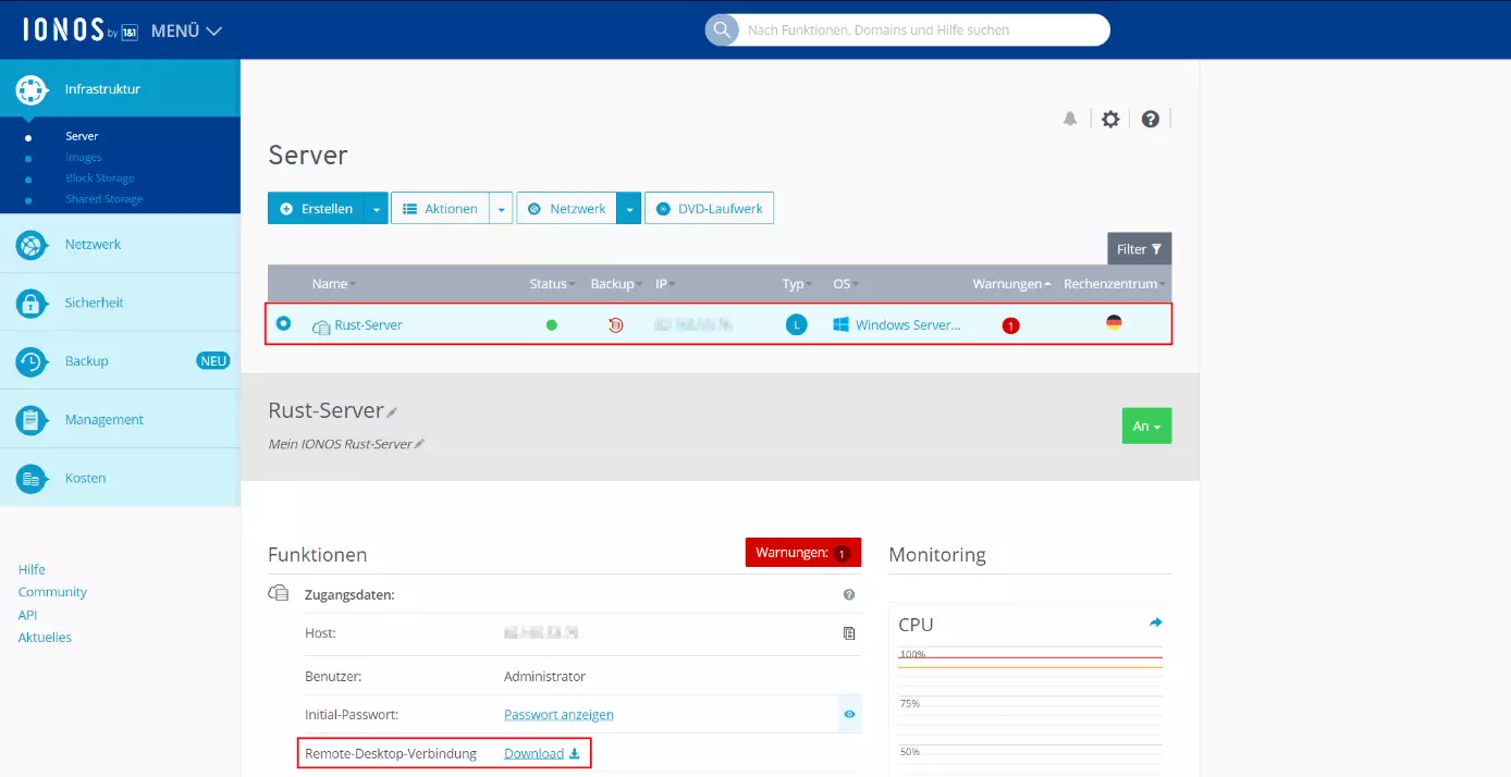 IONOS Cloud Panel: Zugangsdaten und Informationen zum Rust-Server