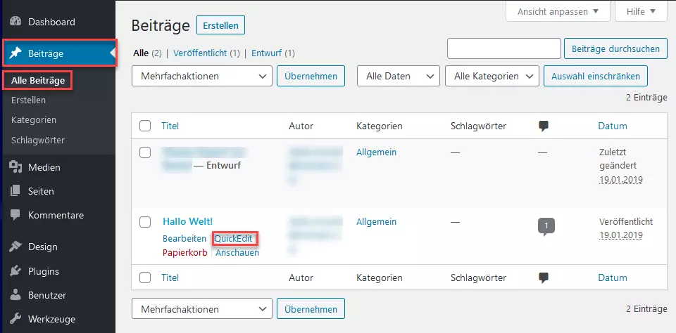 WordPress-Backend „Beiträge“ – „Alle Beiträge“ mit hervorgehobener „QuickEdit“-Funktion