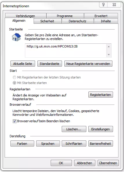 Fenster „Internetoptionen“ mit Option zum Löschen des Browserverlaufs