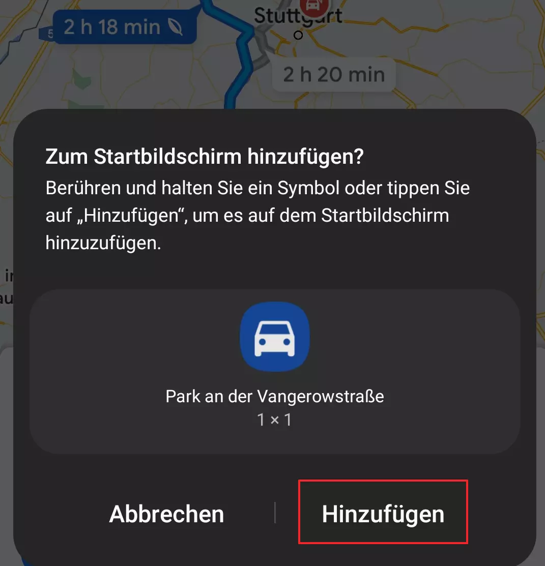 Screenshot der Funktion „Zum Startbild hinzufügen“ in Google-Maps