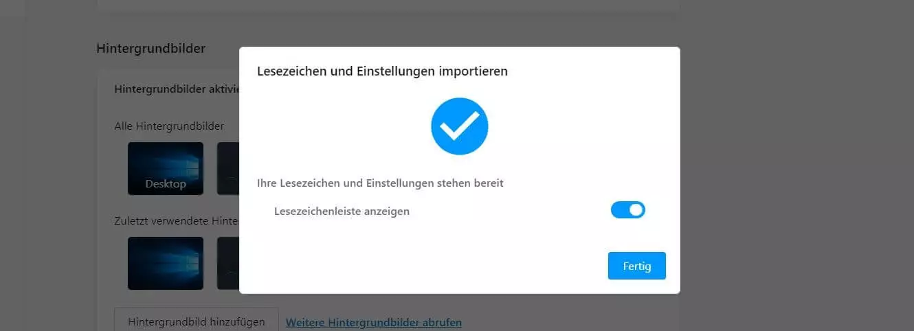 Opera-Meldung nach erfolgreichem Lesezeichen-Import