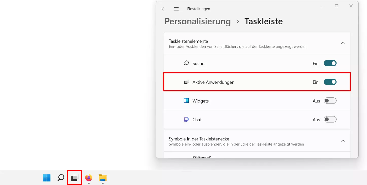 Windows 11: Taskleistenelement „Aktive Anwendungen“