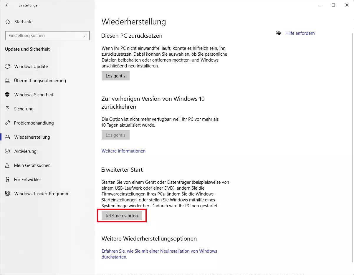 Screenshot: Fenster Wiederherstellung