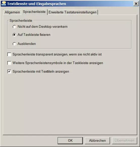 Einstellungen für die Sprachenleiste bei Textdienste und Eingabesprachen