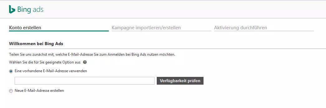 Anmeldungsfenster, um ein Kontos für Bing Ads zu erstellen