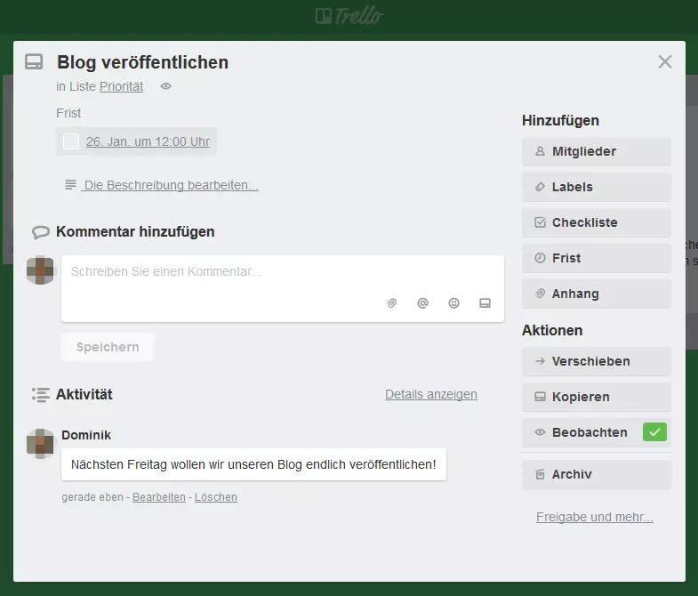 Kartenansicht auf Trello