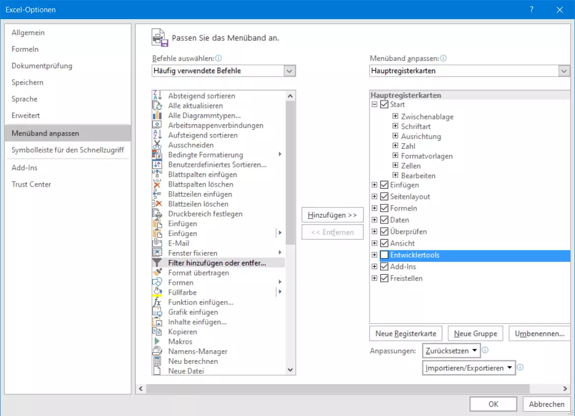 Optionen-Fenster, über das sich „Entwicklertools“ in Excel aktivieren lassen 