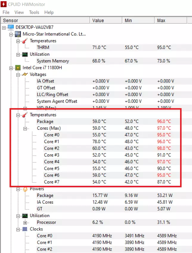 Ansicht von HWMonitor